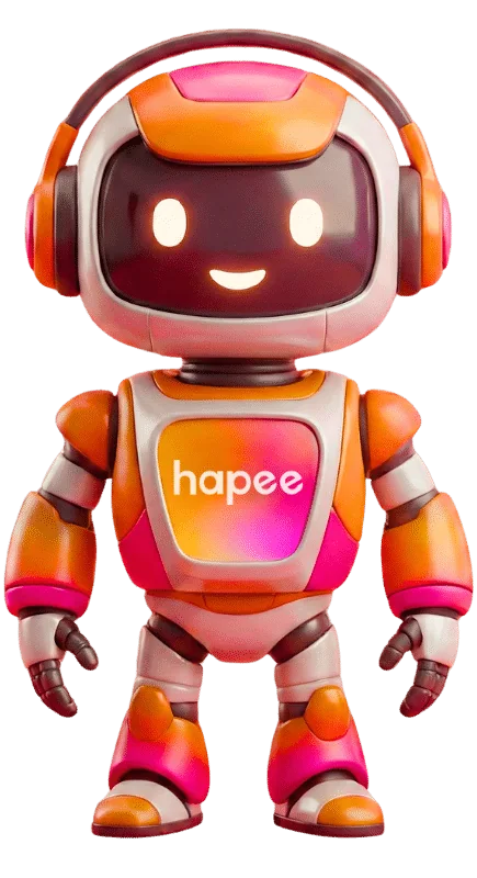 The Hapee mascot: an orange and burgundy robot with headphones.