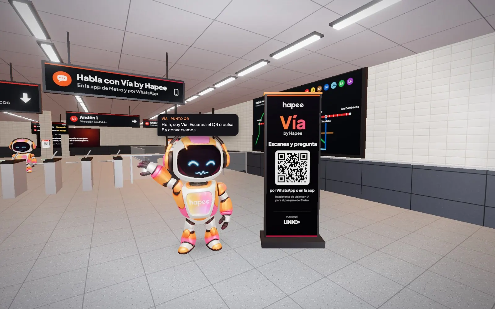 The Vía by Hapee 3D station: a Vía robot waves next to the QR Point on the mezzanine.