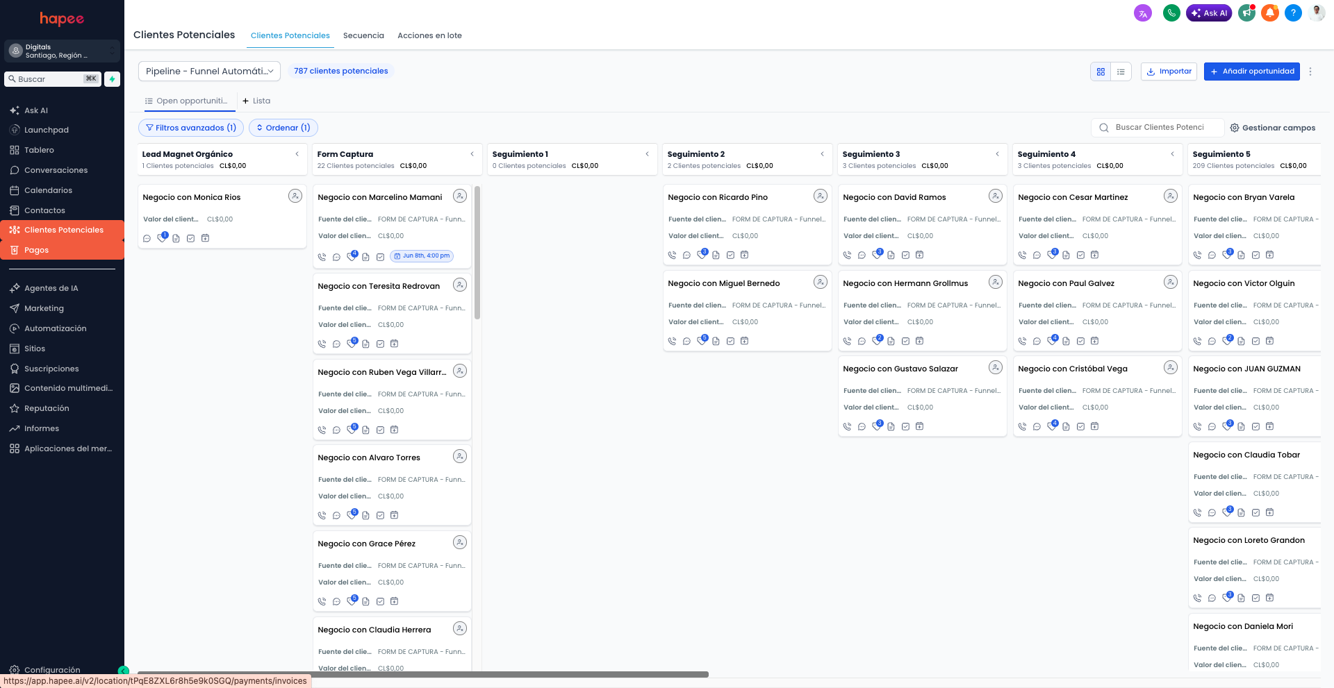 Kanban de ventas de Hapee