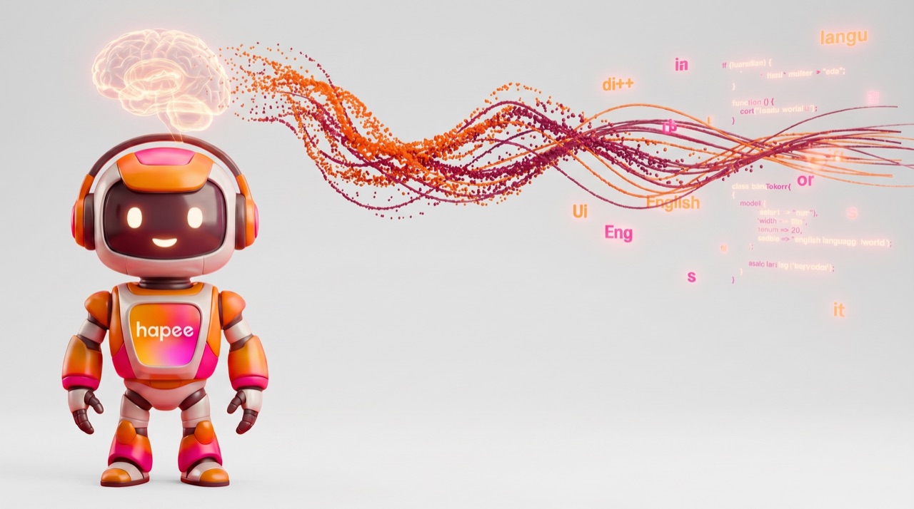 Robot Hapi con cerebro neural orbitando tokens · GPT 5.5