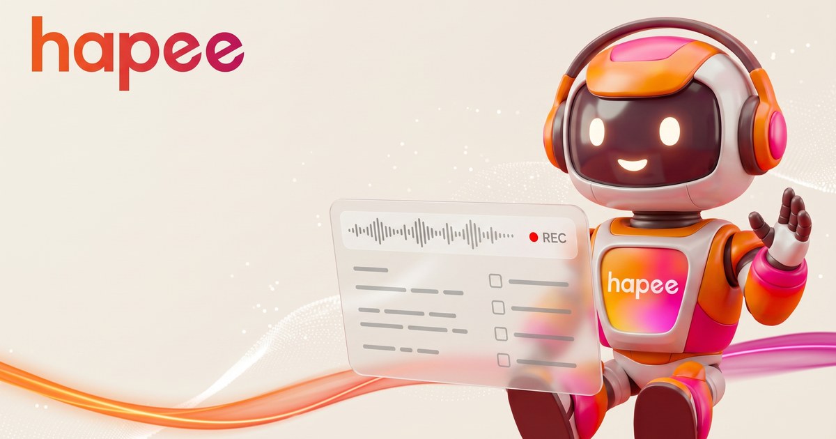 Robot Hapi con micrófono mostrando un resumen de reunión con tareas · Reuniones IA