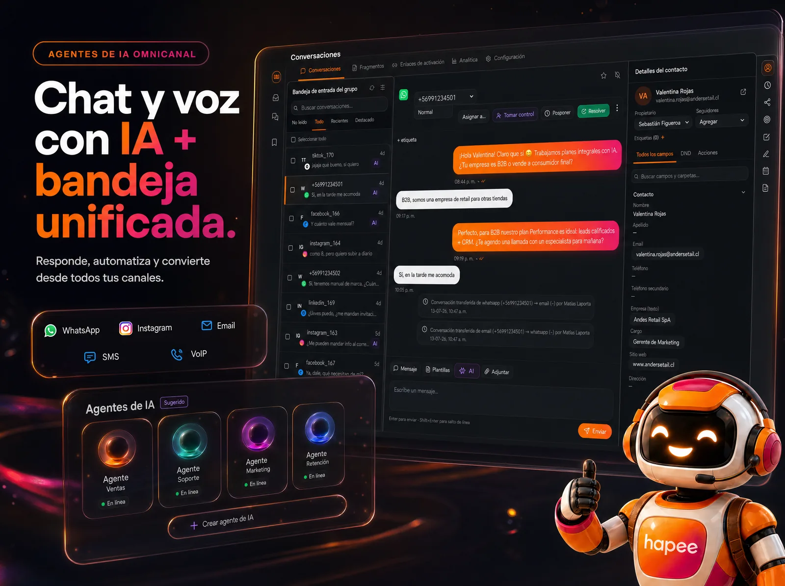 Agentes de IA omnichannel Hapee — chat e voz com caixa de entrada unificada