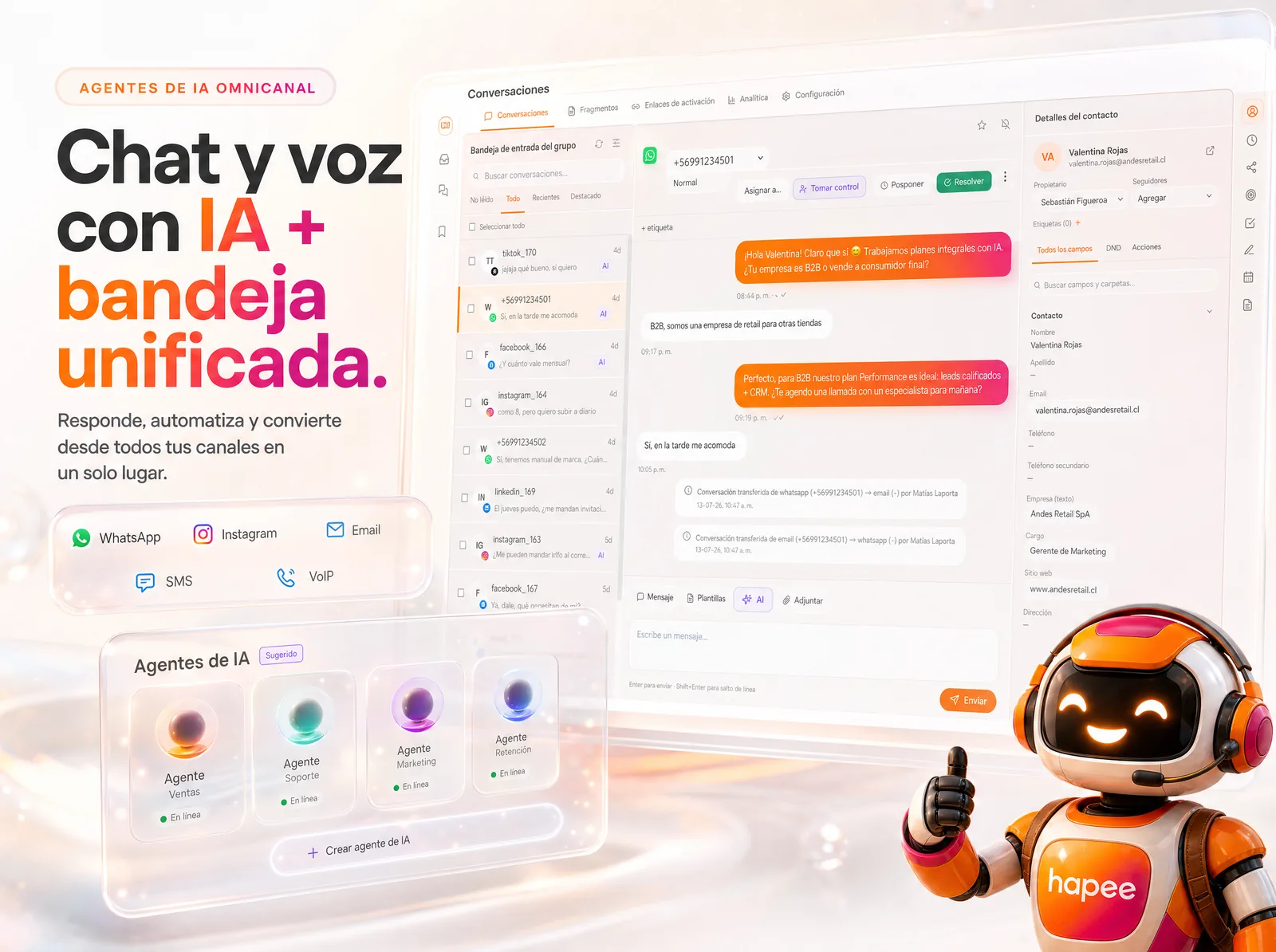 Agentes de IA omnichannel Hapee — chat e voz com caixa de entrada unificada