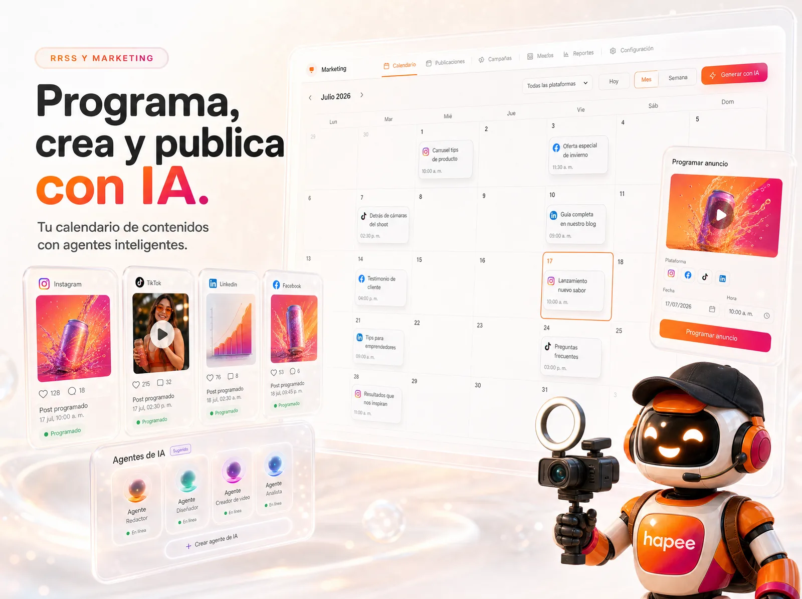 Redes sociais com IA — programe, crie e publique em vários canais