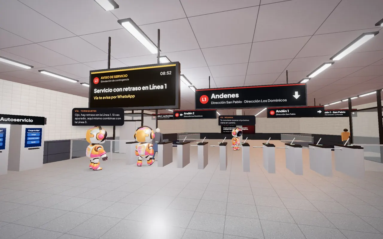 Mezanino da estação 3D durante uma contingência simulada: uma tela anuncia serviço com atraso na Linha 1 e os robôs da Vía orientam os passageiros junto às catracas.
