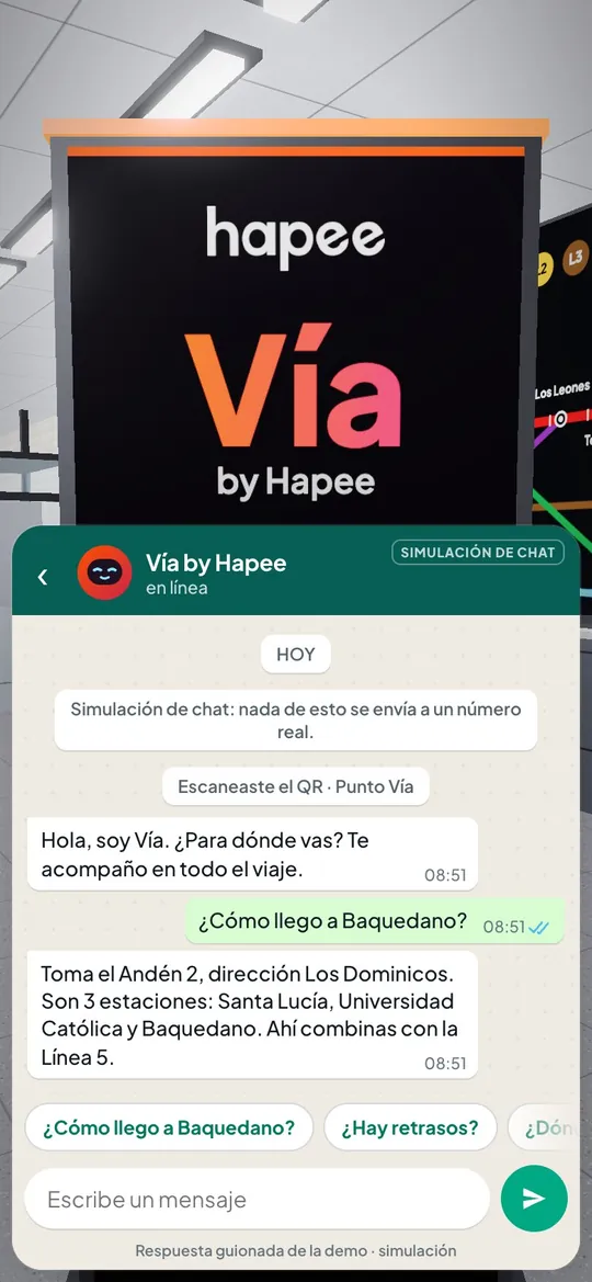 Chat da Vía após escanear o QR: à pergunta “Como chego a Baquedano?” responde que você pegue a Plataforma 2, sentido Los Dominicos, e que são 3 estações.