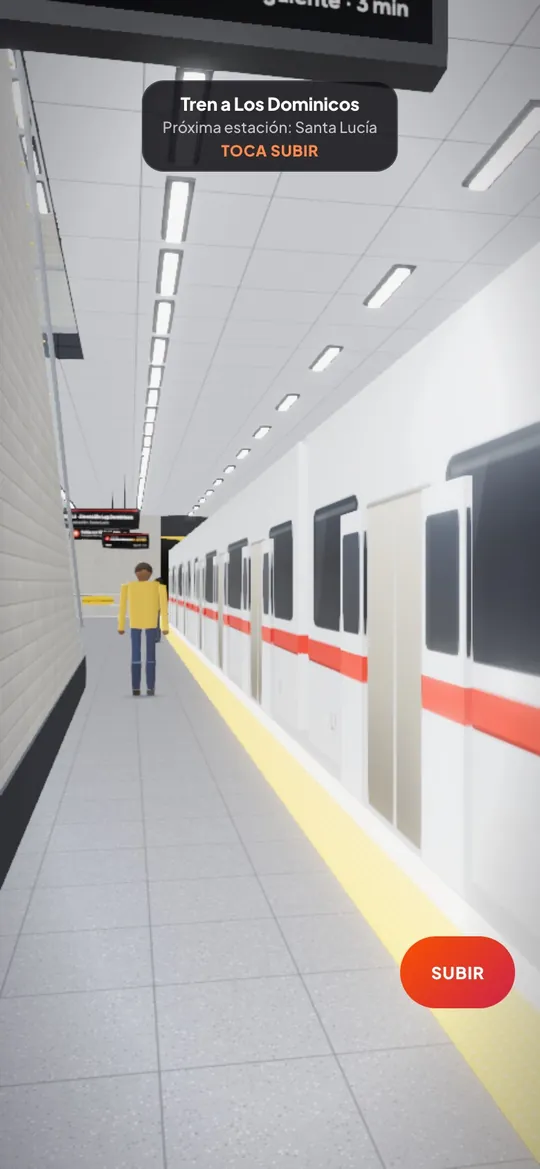 Plataforma 2 da estação 3D com o trem parado: um aviso indica “Trem para Los Dominicos, próxima estação Santa Lucía” e o botão Embarcar.