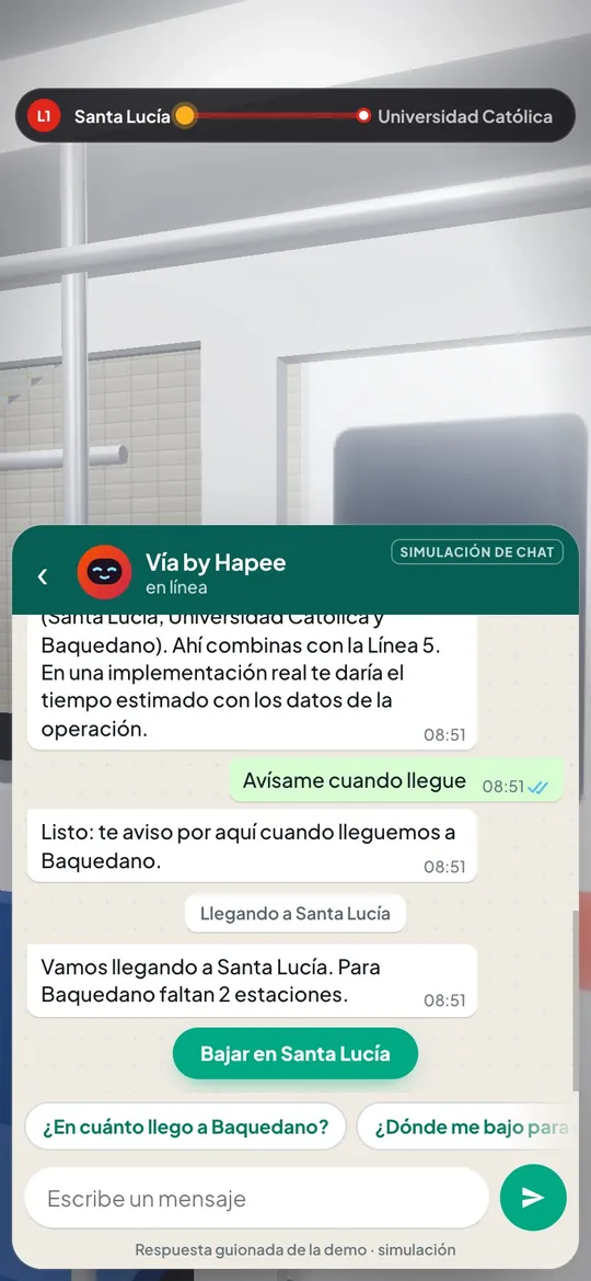 Chat da Vía ao chegar a Santa Lucía: avisa que faltam 2 estações para Baquedano.