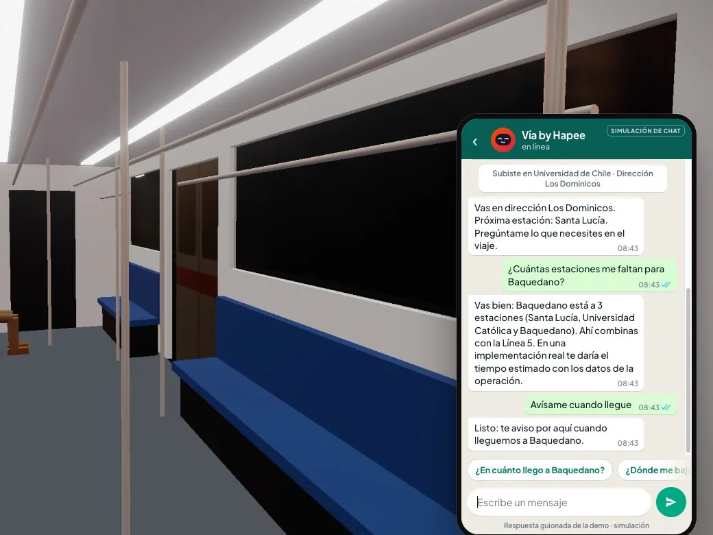 Dentro del tren de la estación 3D, el chat de Vía responde cuántas estaciones faltan para Baquedano y promete avisar antes de llegar.
