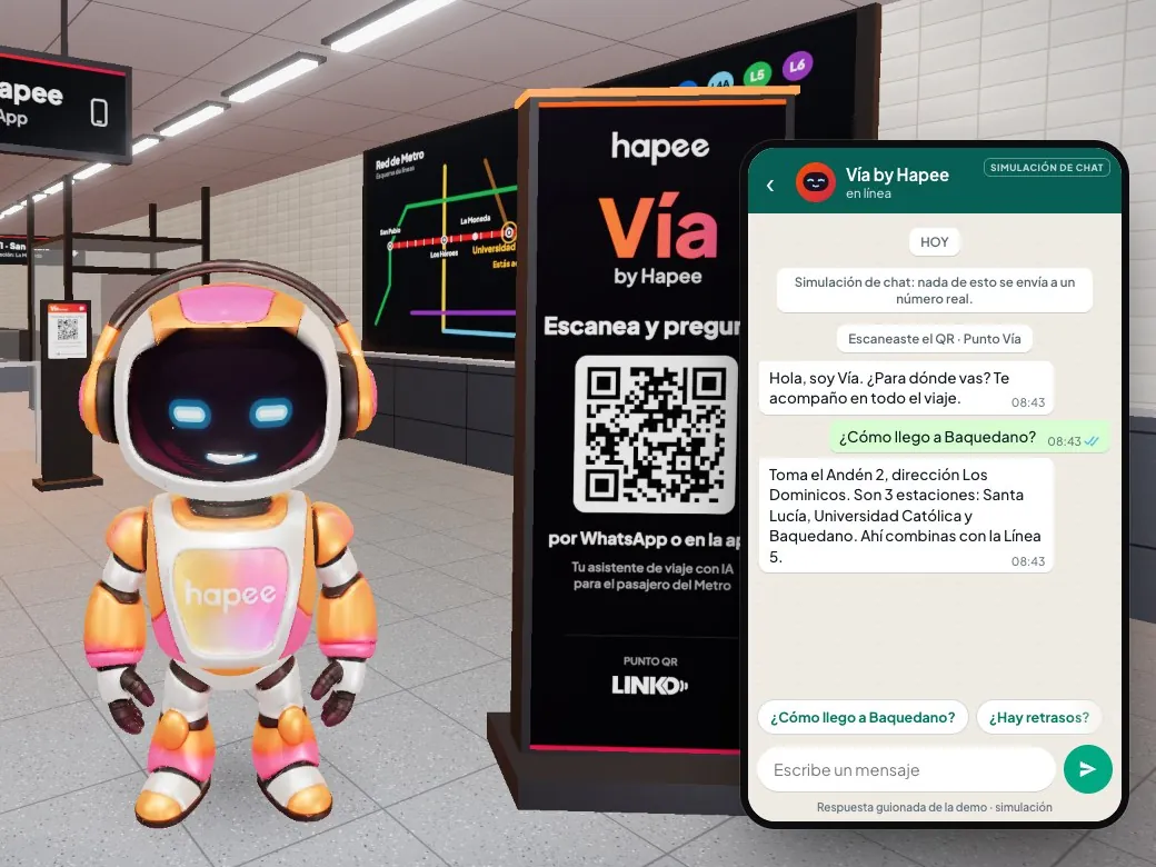 El Punto Vía en la estación 3D: tótem con QR «Escanea y pregunta», un robot de Vía al lado y el chat abierto con la respuesta para llegar a Baquedano.