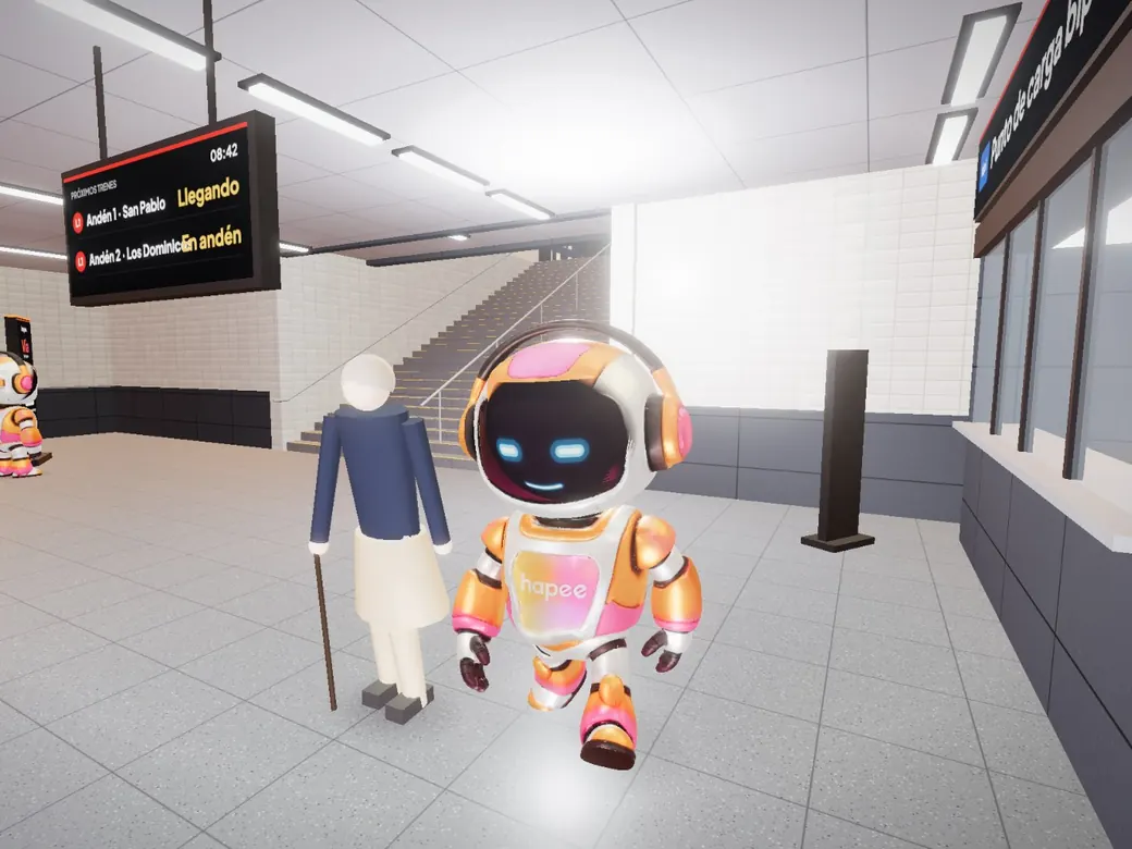 En la estación 3D, el robot acompañante de Vía camina junto a una persona mayor con bastón por la mesanina.